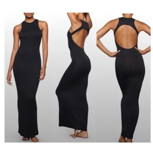 Skims Black Onyx Smooth Lounge Maxi Dress Open Back 2X - Picture 1 of 12